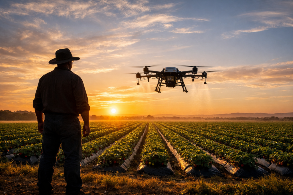 image of a farmer watching a drone spray his strawberry crops in Florida