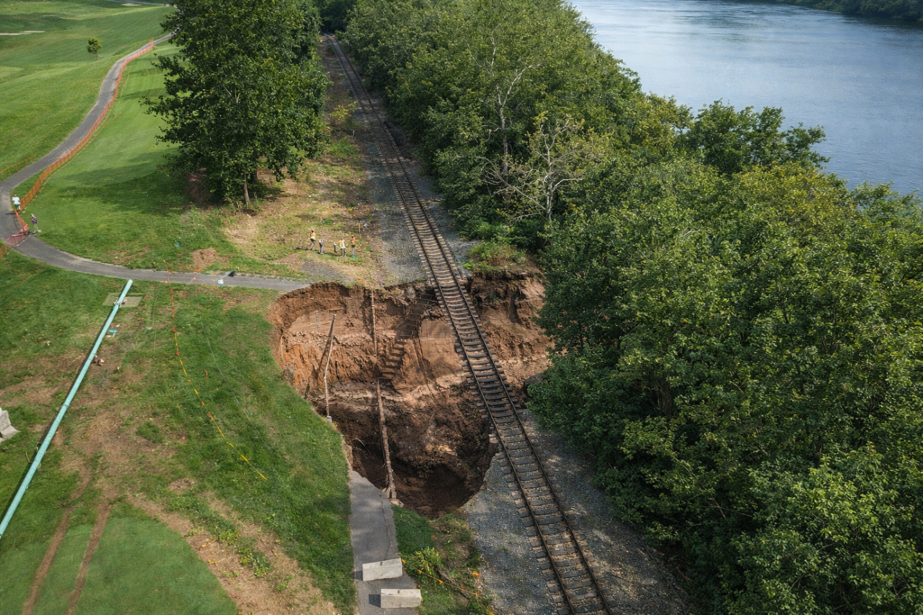 image of washout of railroad tracks from above